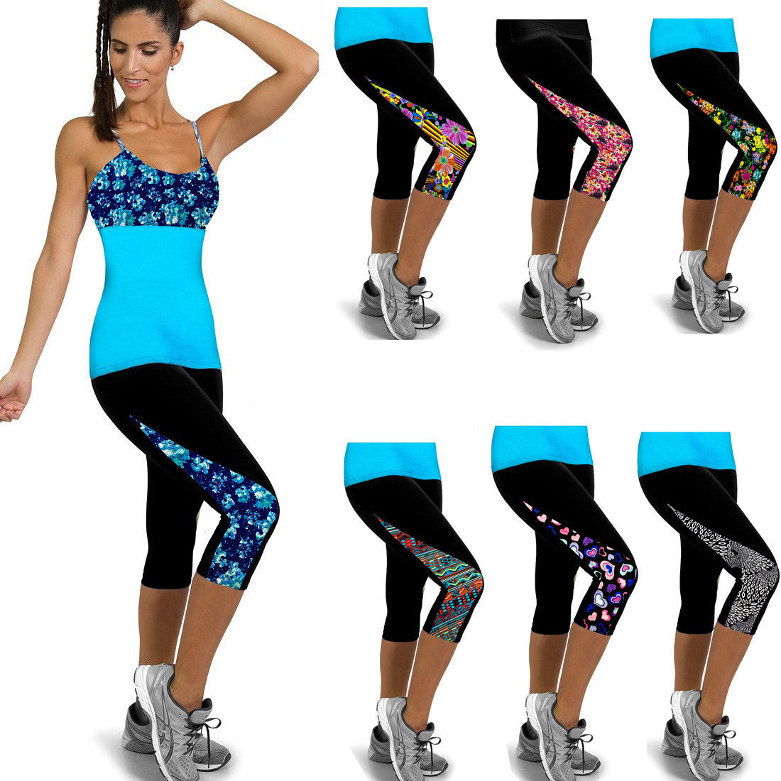 Flower Print Side Triangle Fashion 3/4 Pants Yoga Sport Leggings - Oh Yours Fashion - 2