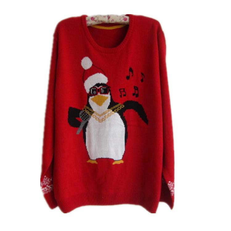 Plus Size Christmas Snowman Penguin Scoop Long Sleeve Sweater - Oh Yours Fashion - 1