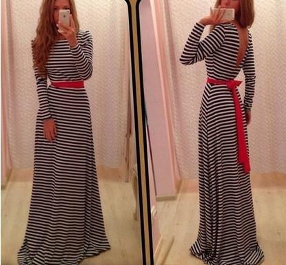 Long Sleeves Backless Stripe Long Loose Dress - OhYoursFashion - 2