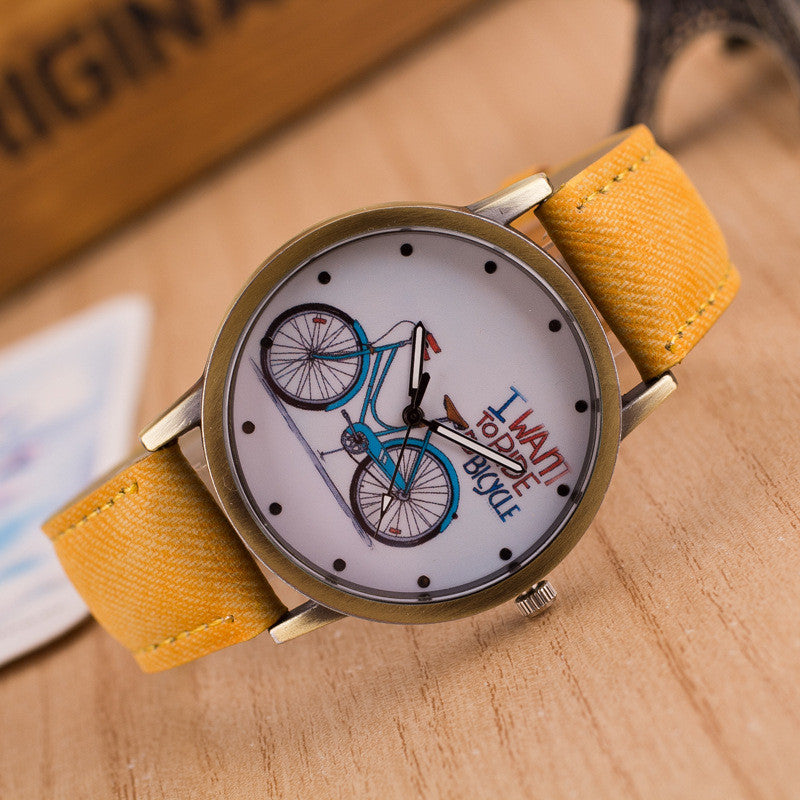 Ride Bike Pattern Denim Strap Watch - Oh Yours Fashion - 1