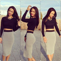 Long Sleeves Crop Top Bodycon Middle Skirt Two Pieces Dress Suit - Oh Yours Fashion - 1
