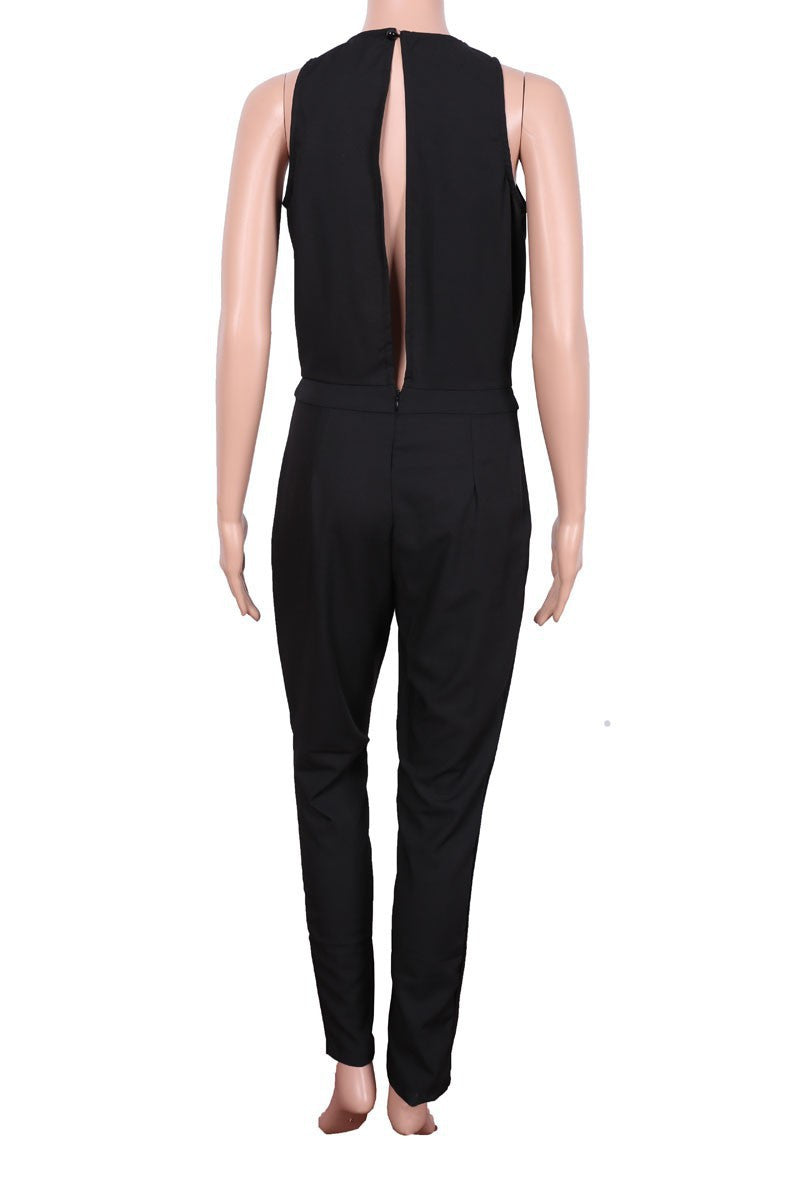 Black Scoop Sleeveless Hollow Out Back Long Jumpsuit - Oh Yours Fashion - 8