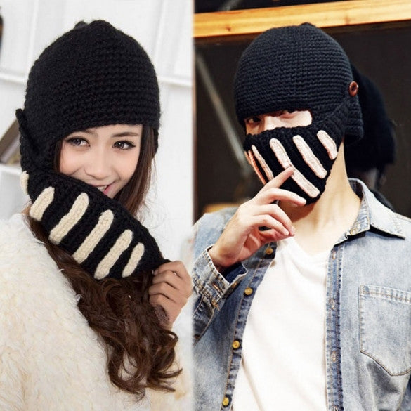 Buttons Unisex Crochet Knit Black Ski Beanie Wool Roman Knight Hat Mask Cap - Oh Yours Fashion - 1