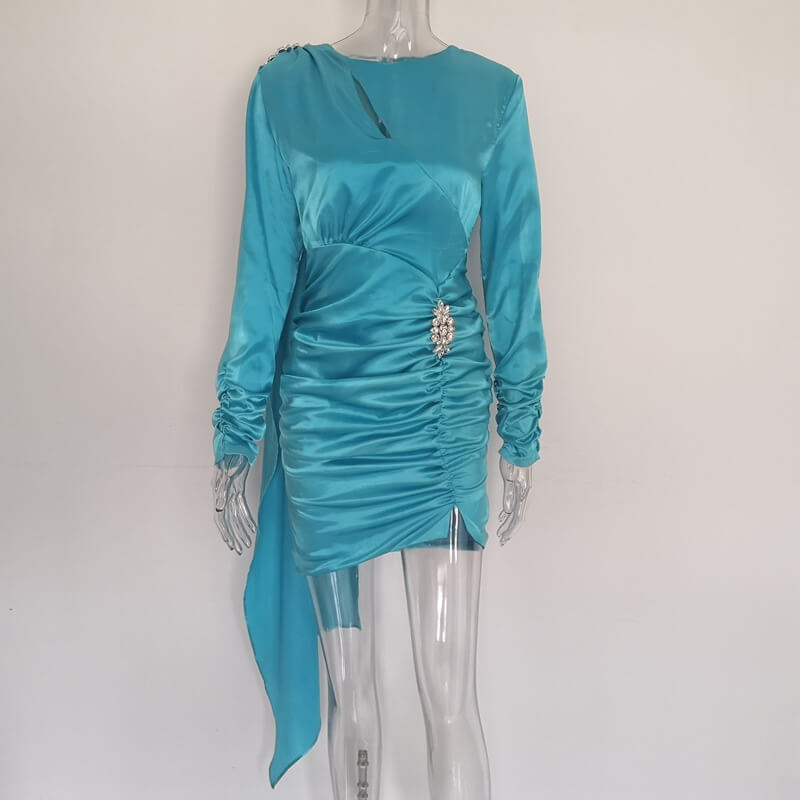Long Sleeve Satin Party Ruched Dress