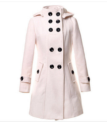 Double Button Hooded Long Sleeves Mid-length Wool Thick Coat - Oh Yours Fashion - 7