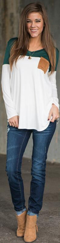 Fashion Contrast Color Long-Sleeve Round Neck Blouse - Oh Yours Fashion - 1