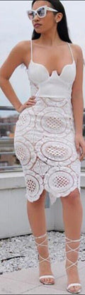 Sexy White Spaghetti Strap Hollow Out Lace Patchwork Knee-Length Dress - Oh Yours Fashion - 2