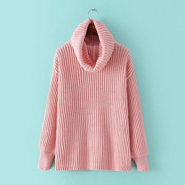 Lapel Pullover Loose High Collar Solid Sweater - Oh Yours Fashion - 1