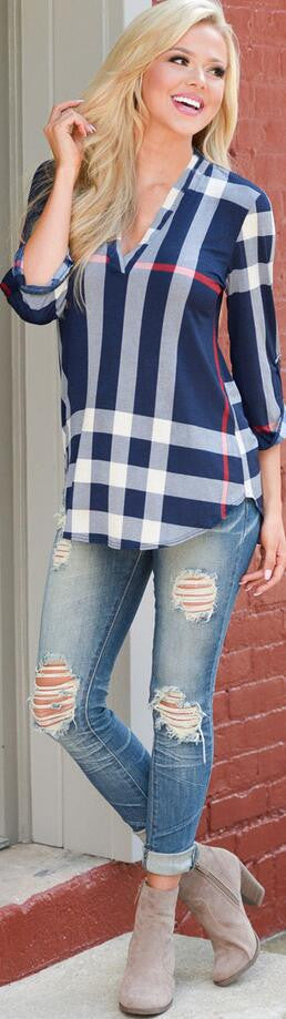 V-neck Plaid Print 3/4 Sleeves Loose Blouse - Oh Yours Fashion - 3