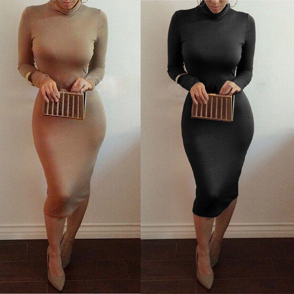 High Neck Long Sleeves Bodycon Pure Color Party ClubDress - OhYoursFashion - 7