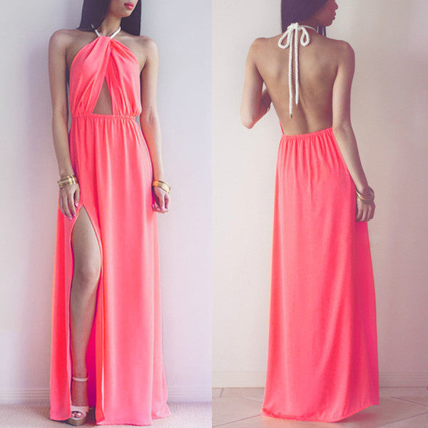Hollow Out Halter Pink Backless Split Long Maxi Beach Dress - O Yours Fashion - 1