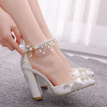White Tassel Diamond Crystal Wedding Shoes THICK HEEL SANDALS