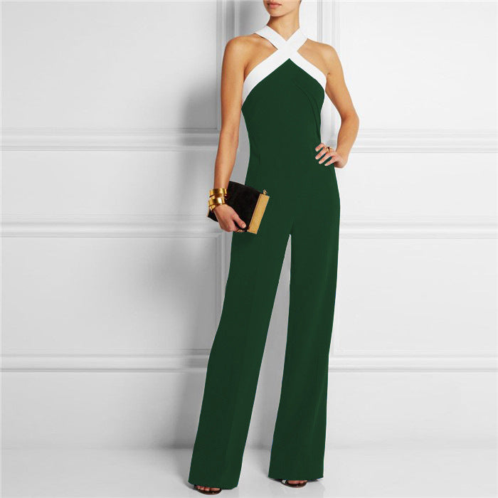 Elegant Patchwork Brief Halter Long Sleeveless Jumpsuits - Oh Yours Fashion