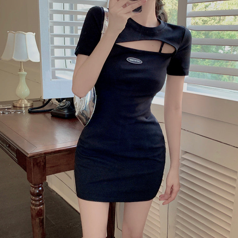 Round Neck Hollow Out Short Sleeve Slim Wrap Hip Dress