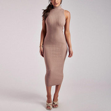 Fashion Pit Strip Knitted High Neck Tight Dress