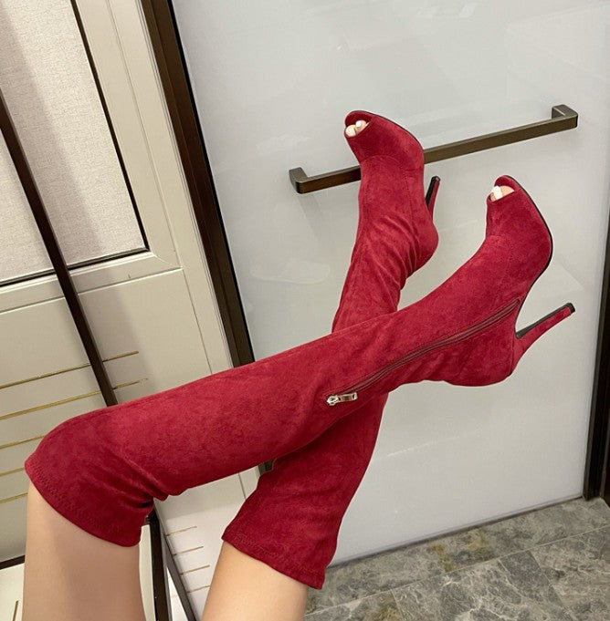 Elastic Knee Length Fishmouth Suede Fashion Boots