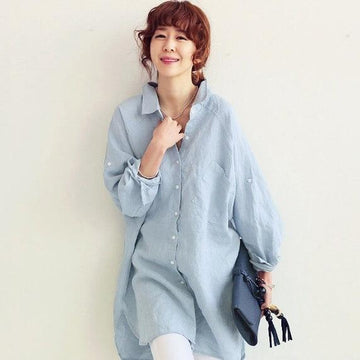 BF Wind Flax Cotton Woman New Loose Size Long Sleeve Pure Color Shirt