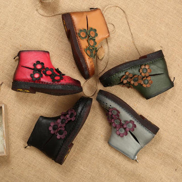 Fashion Socofy Breathable Hollow Out Leather Floral Vintage Flat Ankle Boots