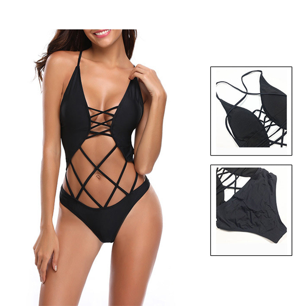 Sexy open back three point mesh one piece swimsuit