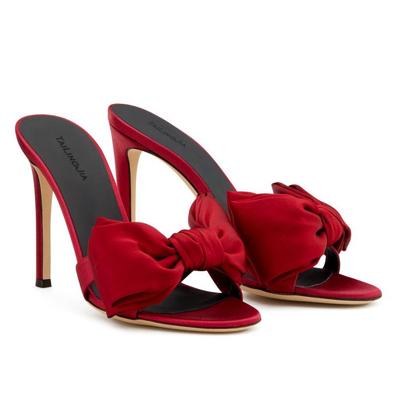 Red And Black Satin Stiletto Muller Slipper Fashion Party Summer Sandals