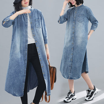 Short Sleeve Small Stand Collar Loose Casual Denim Dress