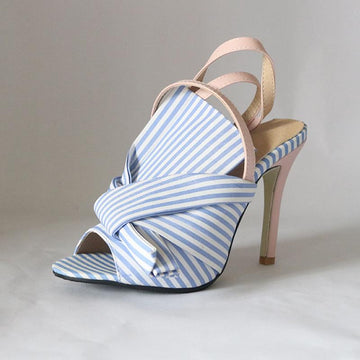 Bow One Line Striped Color Matching Fashion High Heel Fish Mouth Sandals