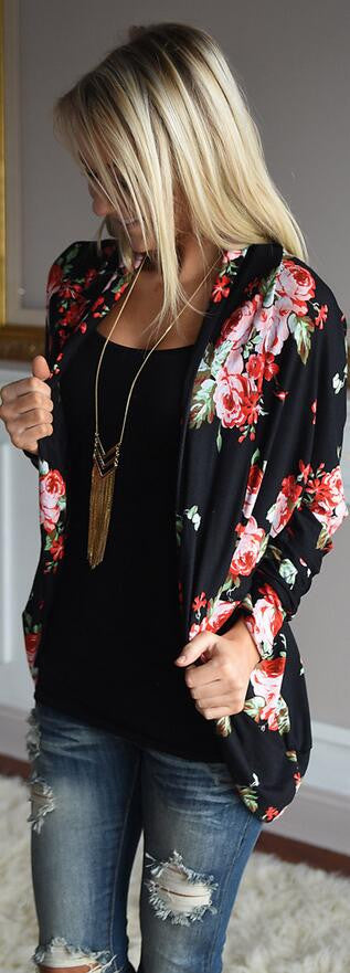 Floral Print Long Sleeves Irregular Long T-shirt - Oh Yours Fashion - 1
