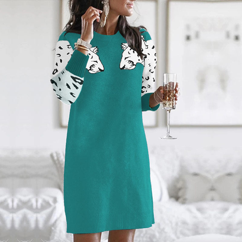Leopard Print Knit Short Sweater Dress
