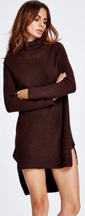 High Neck Dip Hem Slit Loose Short Knit Sweater Dress - Oh Yours Fashion - 2