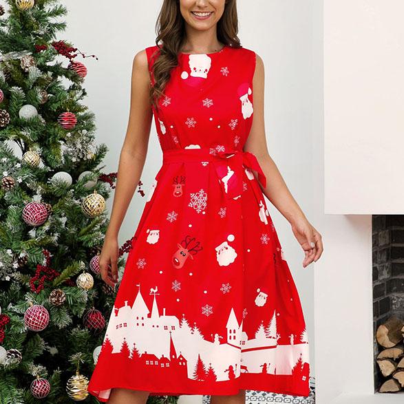 Christmas Sleeveless Print A Line Dress