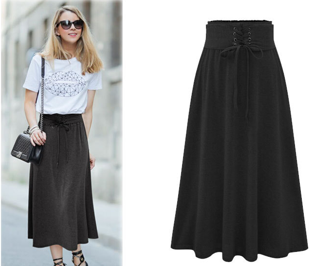 Lace Up Elastic Solid Pleated Long Skirt - Oh Yours Fashion - 5