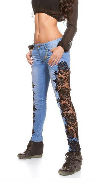 Lace Patchwork Bodycon Slim Low Waist Straight Jeans - Oh Yours Fashion - 3
