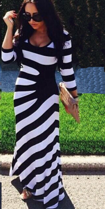 Striped 3/4 Sleeve Scoop Irregular long Dress - OhYoursFashion - 1