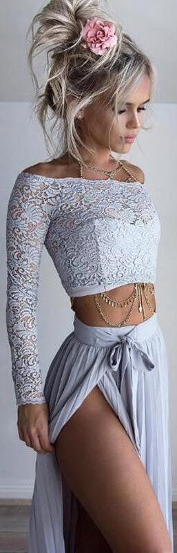 Off Shoulder Lace Long Sleeve Side Split Long Skirt Two Pieces Dress - Oh Yours Fashion - 1