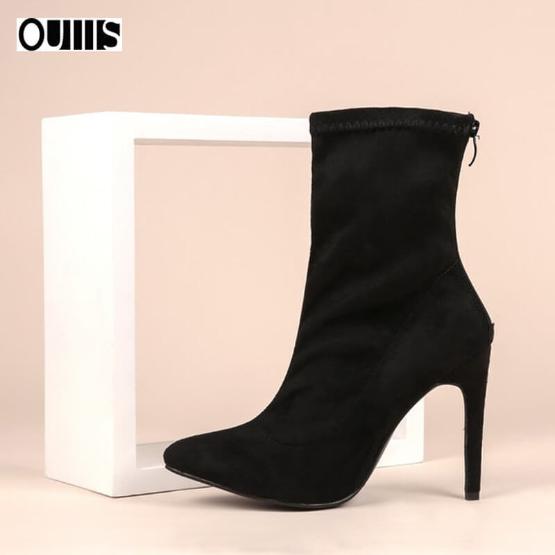 High Heel Suede Pointed Toe Calf Sock Boots
