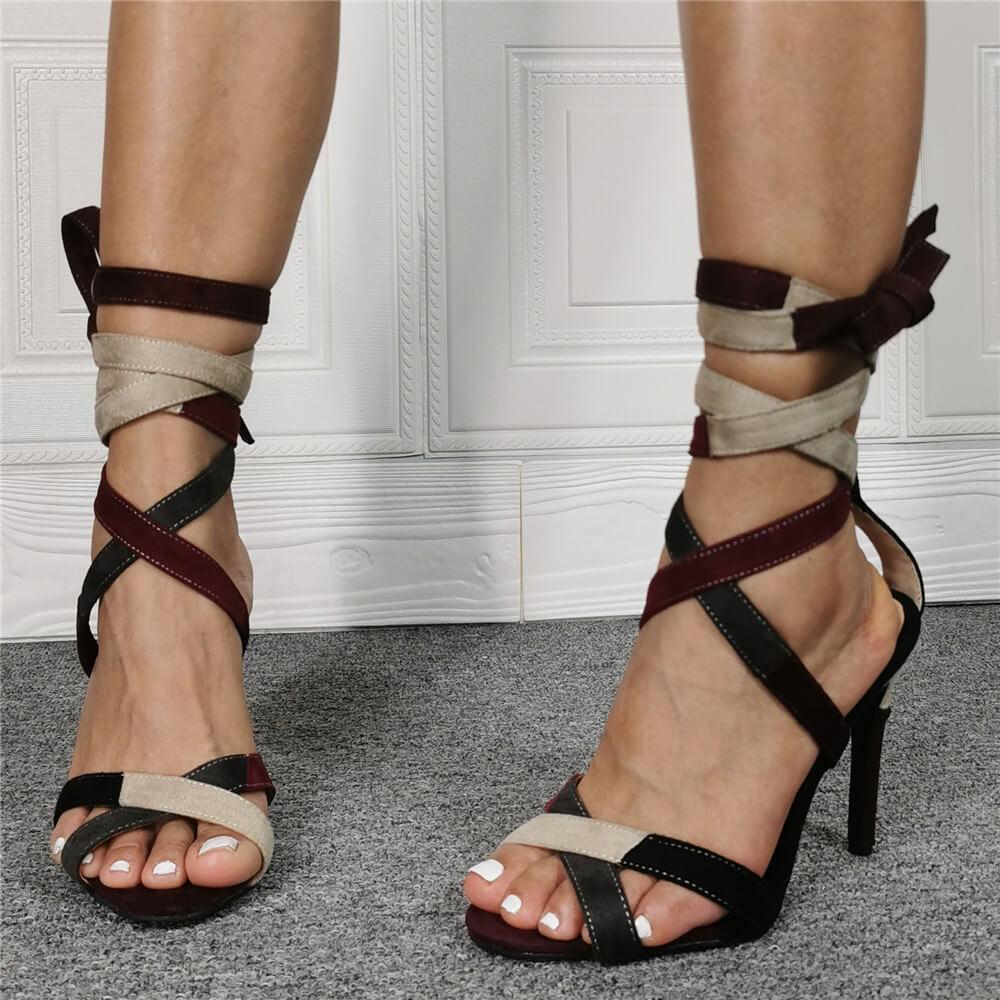 Multi Suede Ankle Strap High Heel Sandals