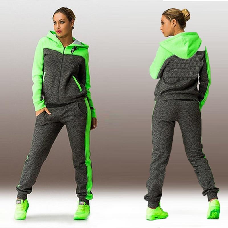2 Piece Sets Plus Size Solid Women Sport Running Set Loose Hoodies Zippers Long Pant Women Tracksuits Suits