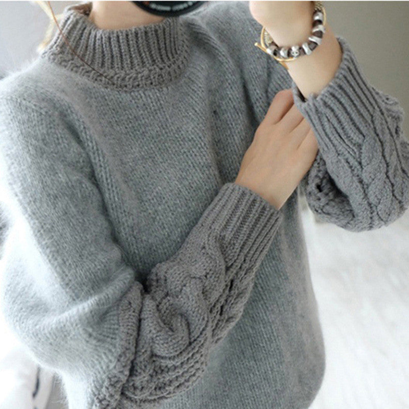 High Neck Cable Pullover Solid Color Sweater - Oh Yours Fashion - 1