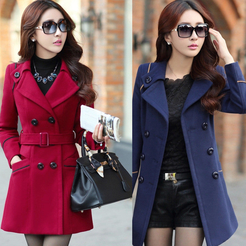 Slim Long Sleeves Button Wool Length Belt Coat - Oh Yours Fashion - 1