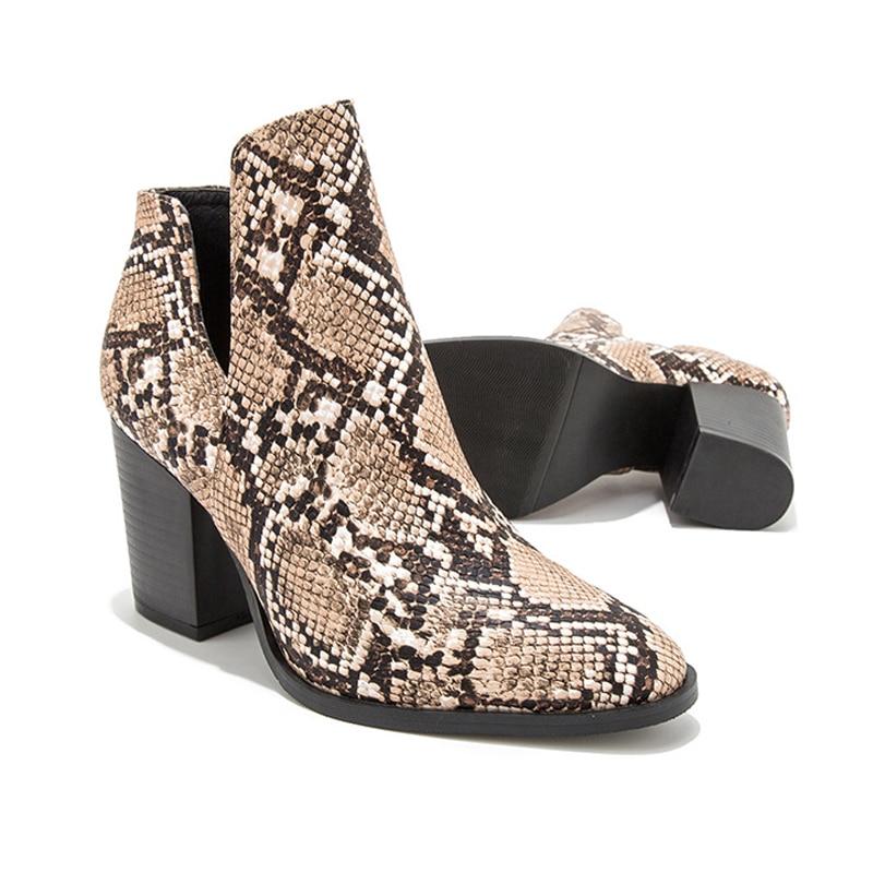 Sexy Snakeskin Leather Chunky Heels Ankle Boots