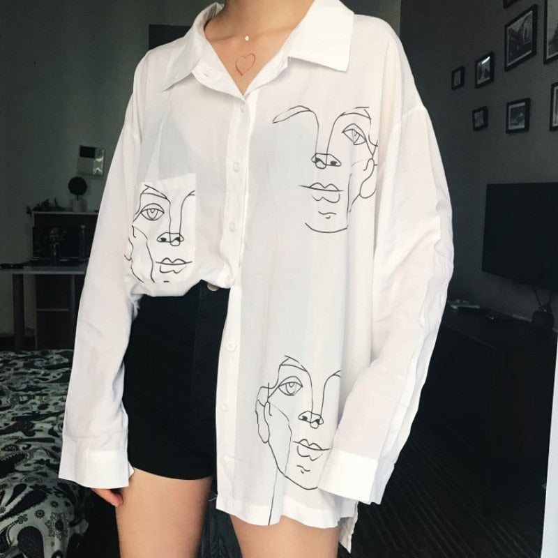 New Summer Blouse Shirt Female Cotton Face Printing Full Sleeve Long Shirts Women Tops Ladies Clothing