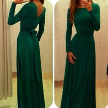 Long Sleeves Pure Color V-Back Backless Long Dress - Oh Yours Fashion - 1