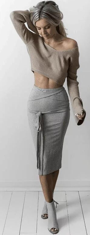 Sexy Khaki Long Sleeve Crop Top Sweater - Oh Yours Fashion - 2