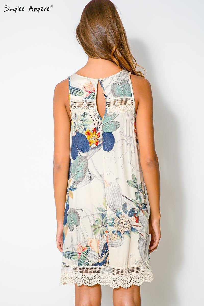Sleeveless Irregular Print Lace O-neck Short Dress - Oh Yours Fashion - 4