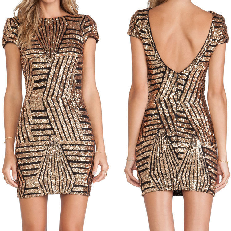 Sexy Sequins Backless Geometric Short Bodycon Dress - Oh Yours Fashion - 1