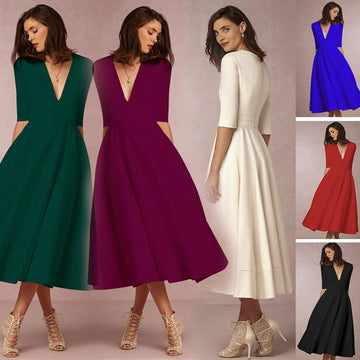 V-neck 3/4 Sleeves Solid High-waist Pleated Long Party Dress(Extra large code)
