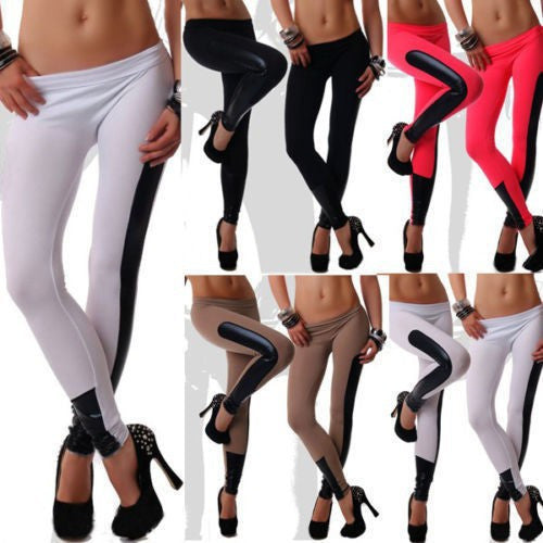 Silk Low Waist Pu Patchwork 9/10 Skinny Sport Yoga Leggings - Oh Yours Fashion - 2