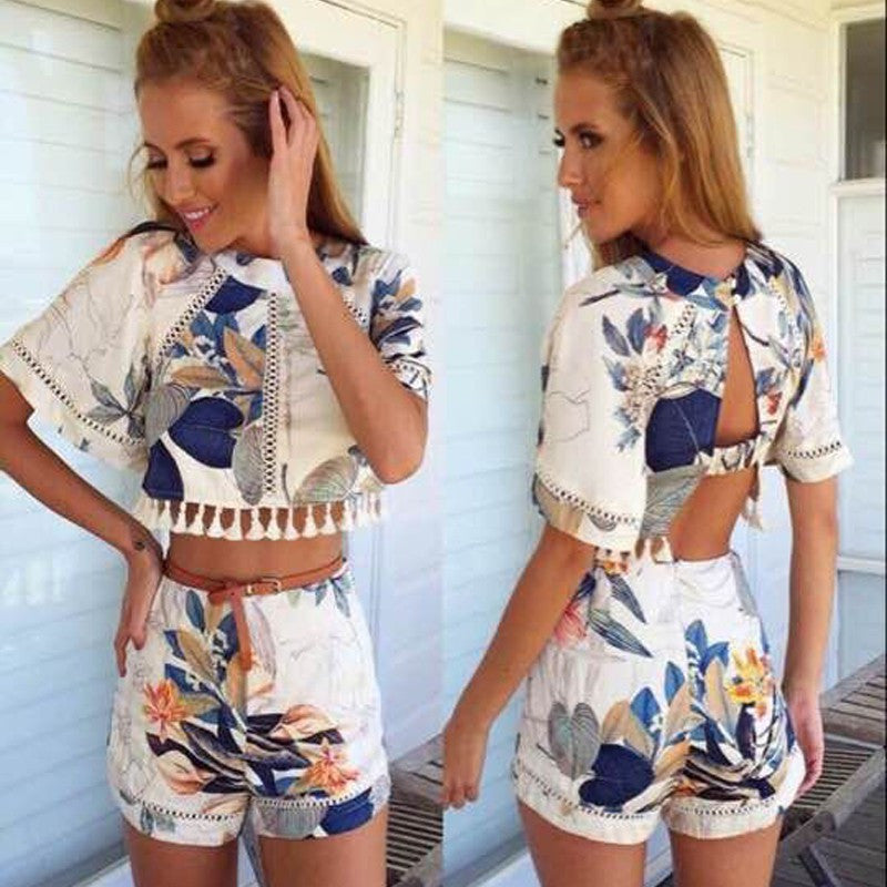 Hollow Out Print Tassel Short Sleeves Crop Top and Shorts Suit - Oh Yours Fashion - 1