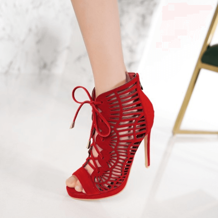 Red Strap Stiletto Suede Ankle High Heels