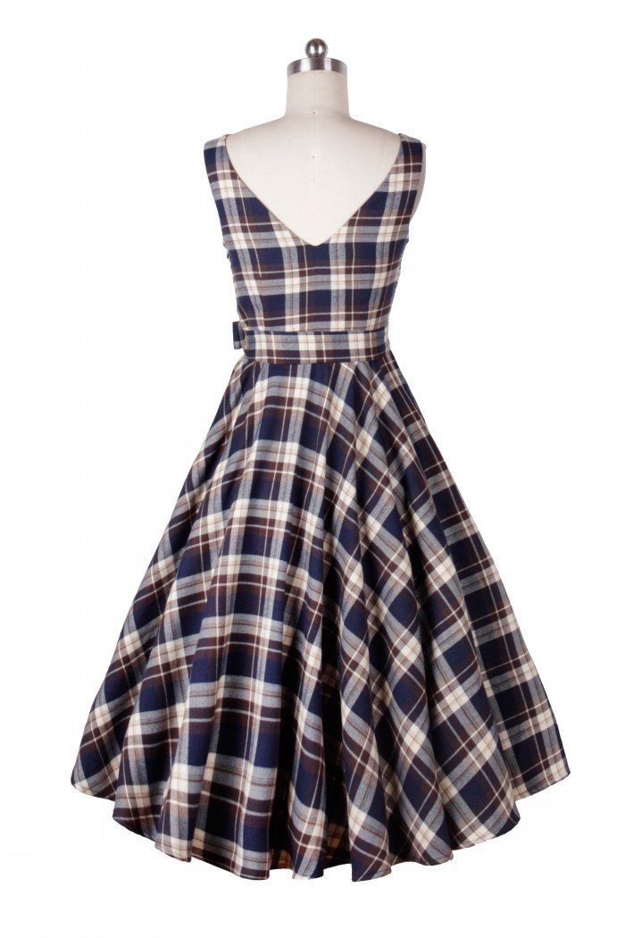 Sleeveless Bow Knot Scoop Mid-Calf Vintage Plaid Dress - OhYoursFashion - 5